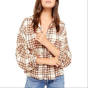 New Free People Plaid Released Trim Button Down Shirt Peach Tree Combo Size XS